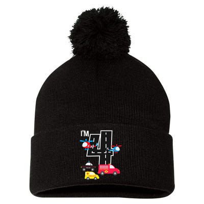 4th Birthday Fire Truck Police Car Ambulance 4 Year Pom Pom 12in Knit Beanie