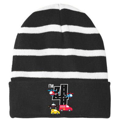 4th Birthday Fire Truck Police Car Ambulance 4 Year Striped Beanie with Solid Band