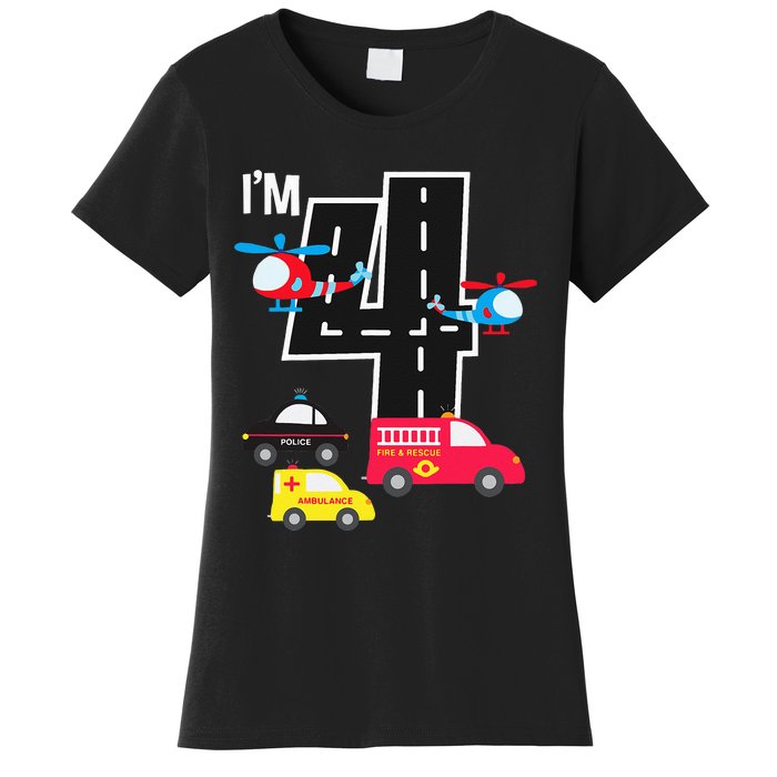 4th Birthday Fire Truck Police Car Ambulance 4 Year Women's T-Shirt