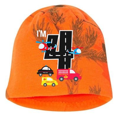 4th Birthday Fire Truck Police Car Ambulance 4 Year Kati - Camo Knit Beanie