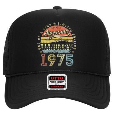 48th Birthday Gift Awesome Since January 1975 48 Year Old High Crown Mesh Back Trucker Hat