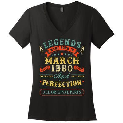 43rd Birthday Gift 43 Years Old Legends Born March 1980 Women's V-Neck T-Shirt