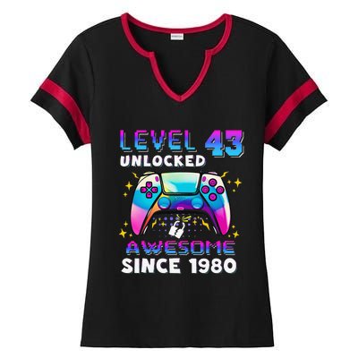 43rd Birthday Gifts Level 43 Unlocked 43 Years Old Gamer Ladies Halftime Notch Neck Tee