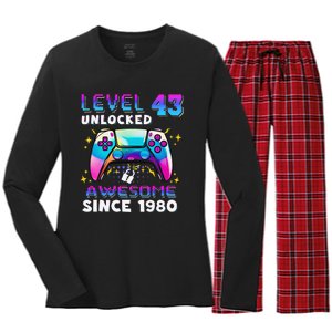 43rd Birthday Gifts Level 43 Unlocked 43 Years Old Gamer Women's Long Sleeve Flannel Pajama Set 