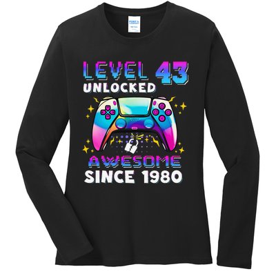 43rd Birthday Gifts Level 43 Unlocked 43 Years Old Gamer Ladies Long Sleeve Shirt