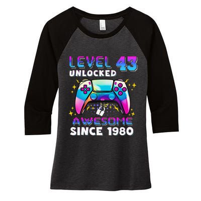 43rd Birthday Gifts Level 43 Unlocked 43 Years Old Gamer Women's Tri-Blend 3/4-Sleeve Raglan Shirt