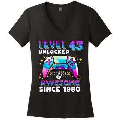 43rd Birthday Gifts Level 43 Unlocked 43 Years Old Gamer Women's V-Neck T-Shirt