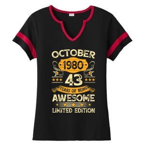 43rd Birthday Gift Decoration October 1980 43 Years Olds Ladies Halftime Notch Neck Tee