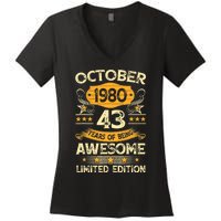 43rd Birthday Gift Decoration October 1980 43 Years Olds Women's V-Neck T-Shirt