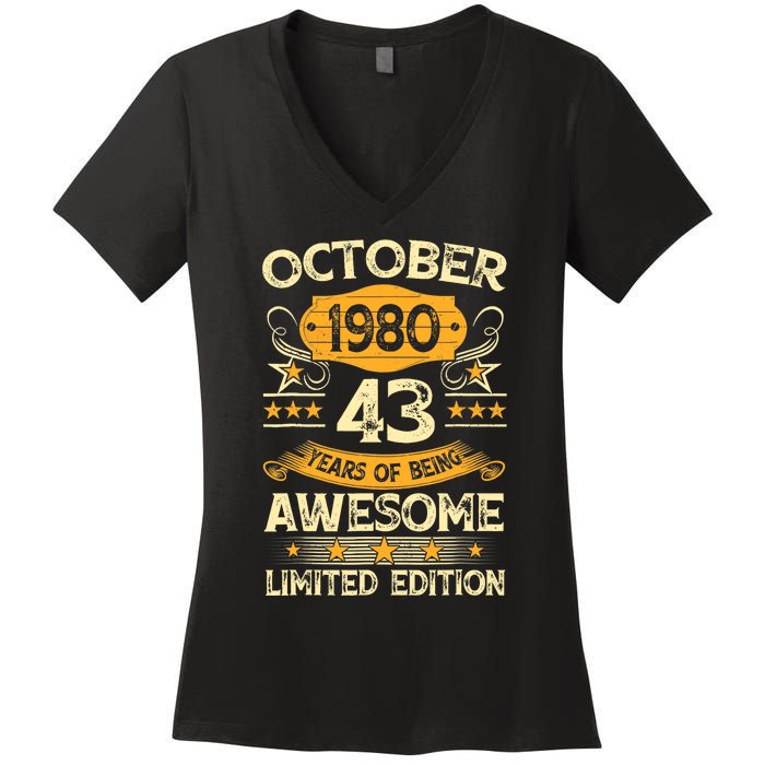 43rd Birthday Gift Decoration October 1980 43 Years Olds Women's V-Neck T-Shirt