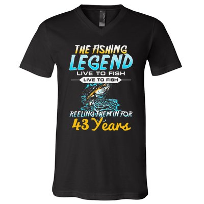 43rd Birthday Gift The Fishing Legend 43 Years Fisherman V-Neck T-Shirt