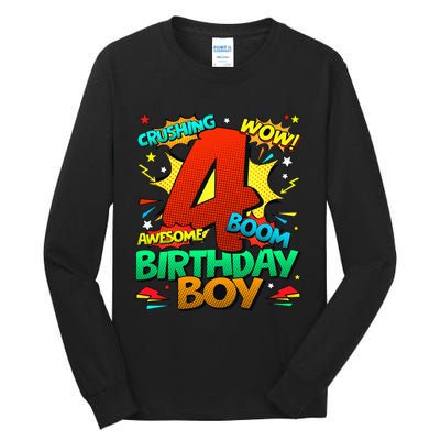 4th Birthday Kids Comic Style Kids 4 Year Old Gifts Tall Long Sleeve T-Shirt