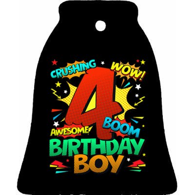 4th Birthday Kids Comic Style Kids 4 Year Old Gifts Ceramic Bell Ornament