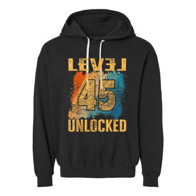 45th Birthday Level Unlocked Vintage Retro Garment-Dyed Fleece Hoodie