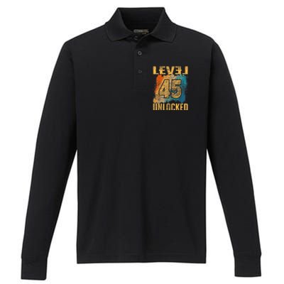 45th Birthday Level Unlocked Vintage Retro Performance Long Sleeve Polo