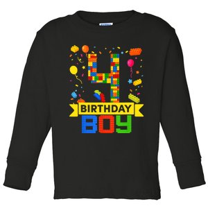 4th Birthday Master Builder 4 Years Old Block Building Boy Toddler Long Sleeve Shirt