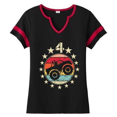 4th Birthday Monster Truck 4 Year Old Birthday Ladies Halftime Notch Neck Tee