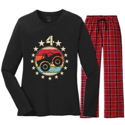 4th Birthday Monster Truck 4 Year Old Birthday Women's Long Sleeve Flannel Pajama Set 