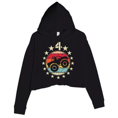 4th Birthday Monster Truck 4 Year Old Birthday Crop Fleece Hoodie