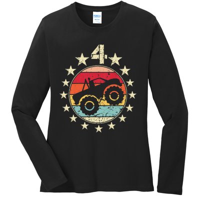 4th Birthday Monster Truck 4 Year Old Birthday Ladies Long Sleeve Shirt