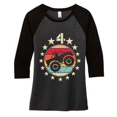 4th Birthday Monster Truck 4 Year Old Birthday Women's Tri-Blend 3/4-Sleeve Raglan Shirt