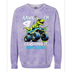 4th Birthday Monster Truck Dinosaur Party Boy Rawr Im 4 Gift Colorblast Crewneck Sweatshirt