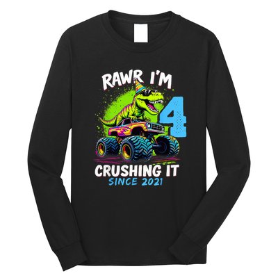 4th Birthday Monster Truck Dinosaur Party Boy Rawr Im 4 Long Sleeve Shirt