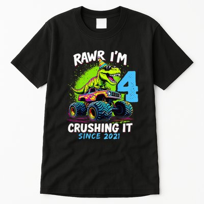 4th Birthday Monster Truck Dinosaur Party Boy Rawr Im 4 Tall T-Shirt