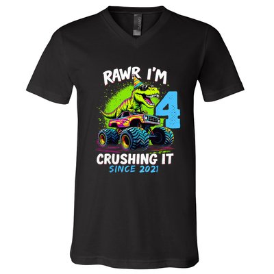 4th Birthday Monster Truck Dinosaur Party Boy Rawr Im 4 V-Neck T-Shirt