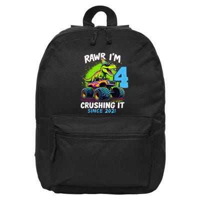 4th Birthday Monster Truck Dinosaur Party Boy Rawr Im 4 16 in Basic Backpack