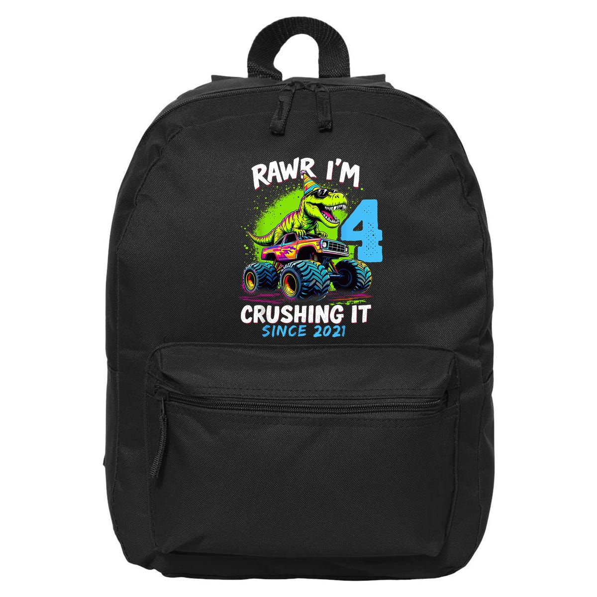 4th Birthday Monster Truck Dinosaur Party Boy Rawr Im 4 16 in Basic Backpack