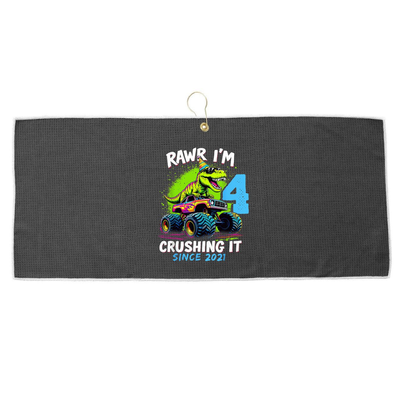 4th Birthday Monster Truck Dinosaur Party Boy Rawr Im 4 Large Microfiber Waffle Golf Towel