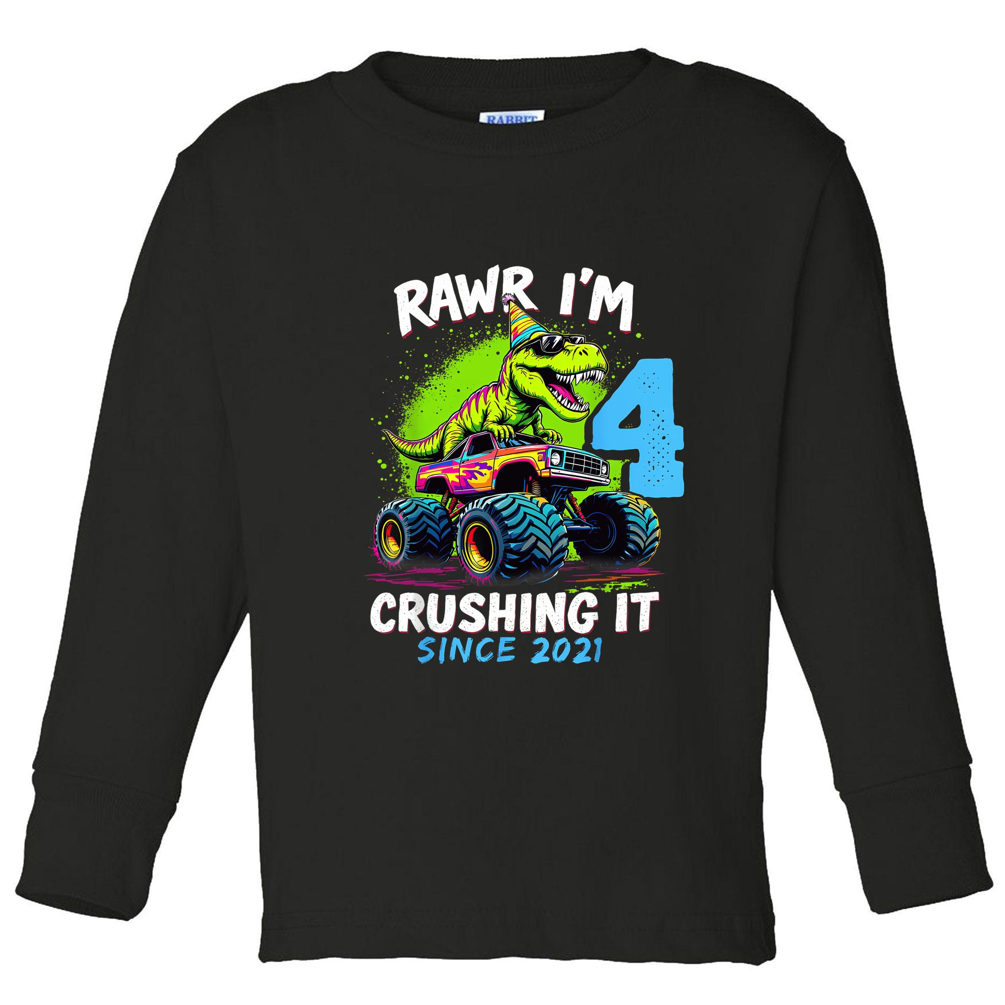 4th Birthday Monster Truck Dinosaur Party Boy Rawr Im 4 Toddler Long Sleeve Shirt