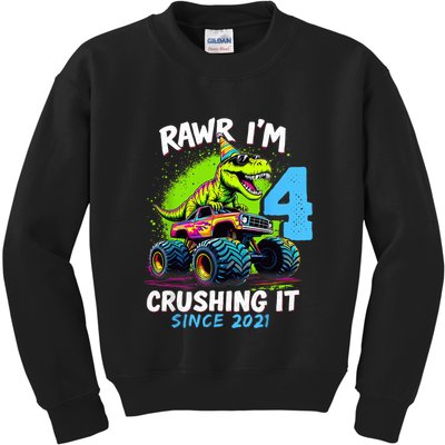 4th Birthday Monster Truck Dinosaur Party Boy Rawr Im 4 Kids Sweatshirt