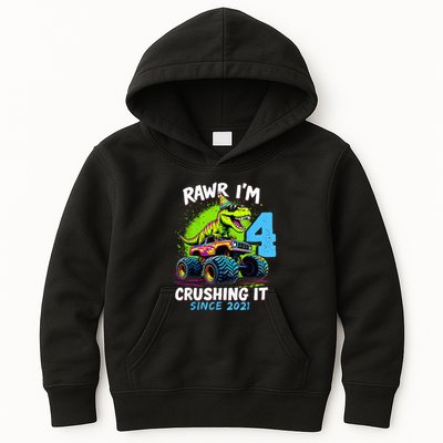 4th Birthday Monster Truck Dinosaur Party Boy Rawr Im 4 Kids Hoodie