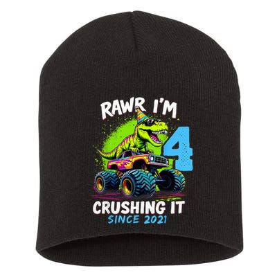 4th Birthday Monster Truck Dinosaur Party Boy Rawr Im 4 Short Acrylic Beanie