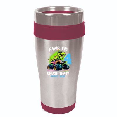 4th Birthday Monster Truck Dinosaur Party Boy Rawr Im 4 16oz Travel Tumbler