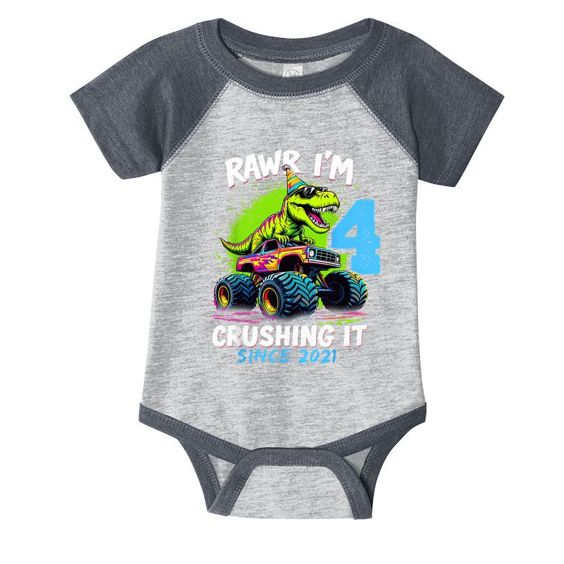 4th Birthday Monster Truck Dinosaur Party Boy Rawr Im 4 Infant Baby Jersey Bodysuit