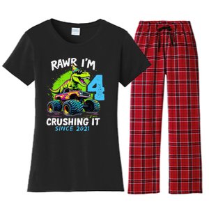 4th Birthday Monster Truck Dinosaur Party Boy Rawr IM 4 Gift Women's Flannel Pajama Set