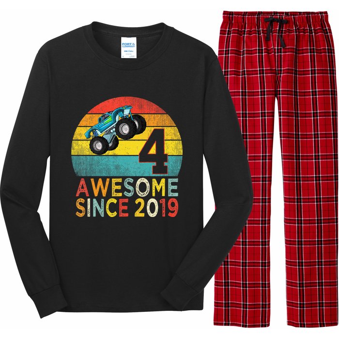 4th Birthday Monster Truck Lover 4 Years Old Vintage Retro Long Sleeve Pajama Set