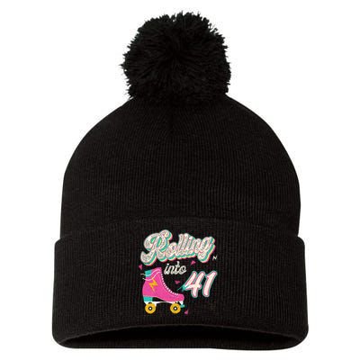 41st Birthday Roller Skates Rolling Into 41 Years Old Bday Pom Pom 12in Knit Beanie