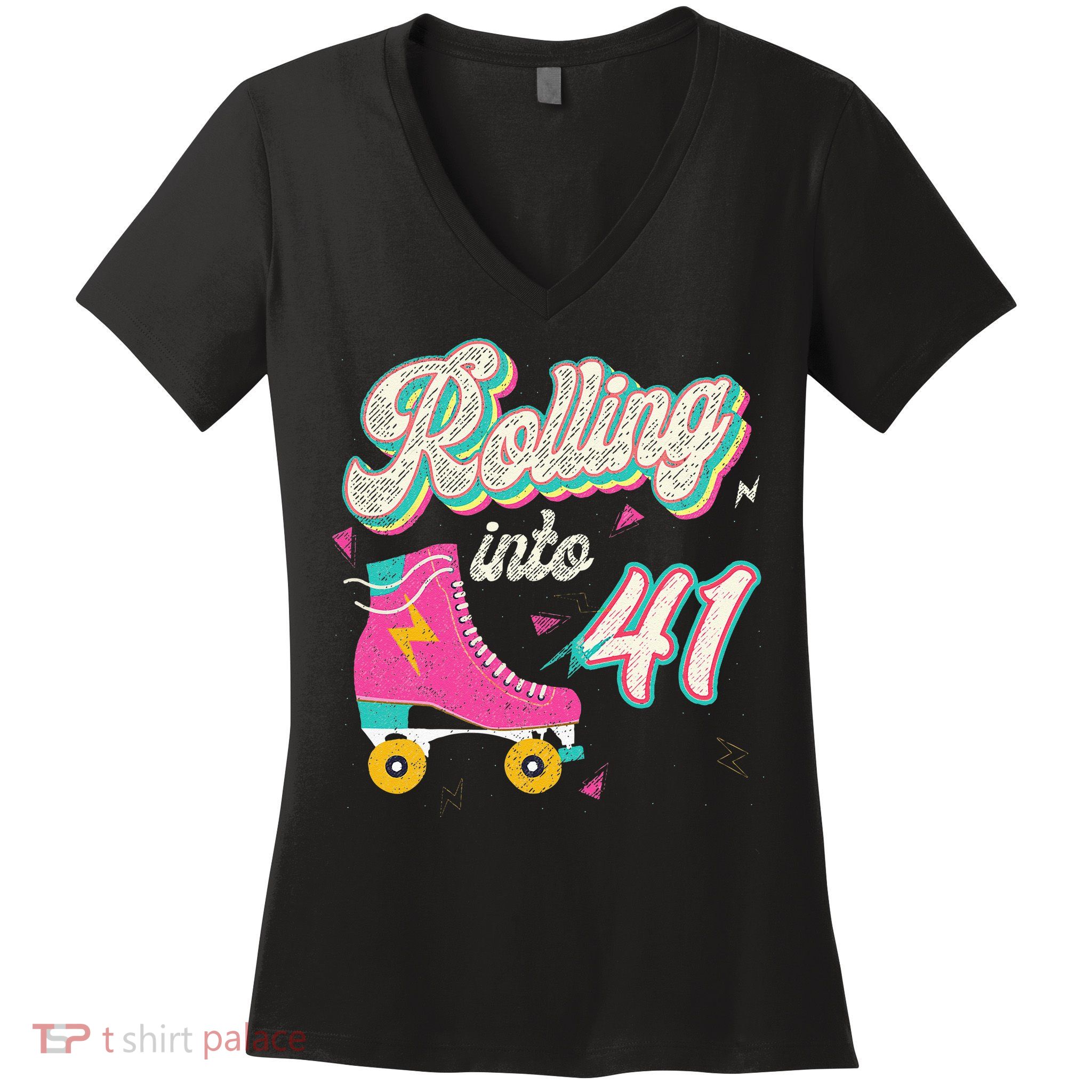 41st Birthday Roller Skates Rolling Into 41 Years Old Bday Women's V-Neck T-Shirt