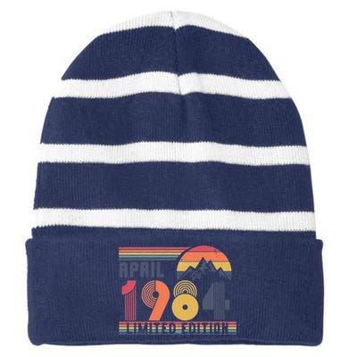 40th Birthday Retro April 1984 Birthday Striped Beanie with Solid Band