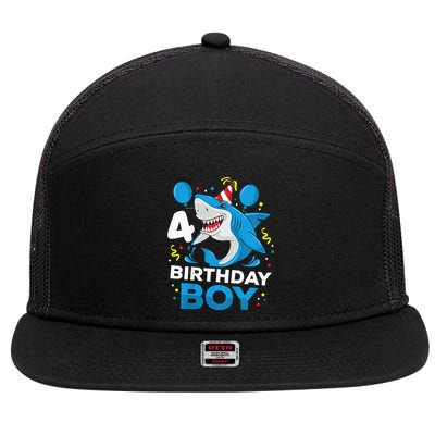 4th Birthday Shark Ocean Theme Party 4 Years Old 7 Panel Mesh Trucker Snapback Hat