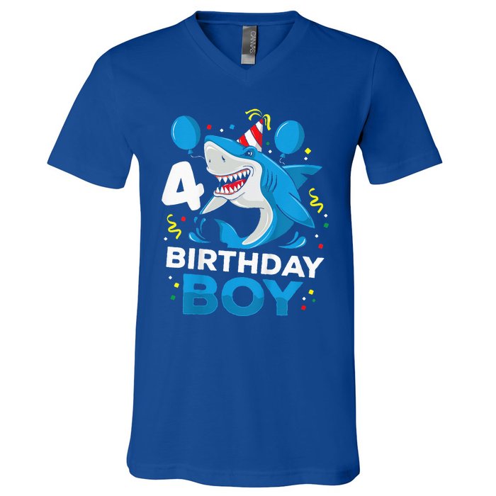 4th Birthday Shark Ocean Theme Party 4 Years Old V-Neck T-Shirt