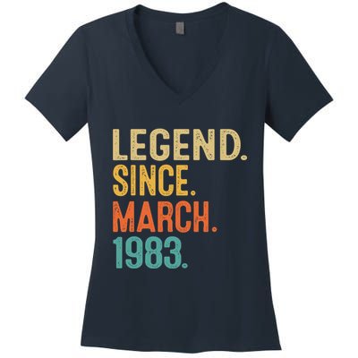 40th Birthday Vintage Legend Since March 1983 40 Year Old Women's V-Neck T-Shirt