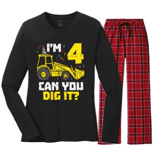 4 Can You Dig It Construction Truck 4th Birthday Boy Gift Women's Long Sleeve Flannel Pajama Set 