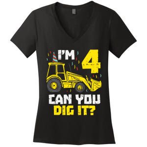 4 Can You Dig It Construction Truck 4th Birthday Boy Gift Women's V-Neck T-Shirt