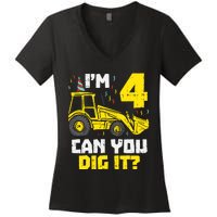 4 Can You Dig It Construction Truck 4th Birthday Boy Gift Women's V-Neck T-Shirt