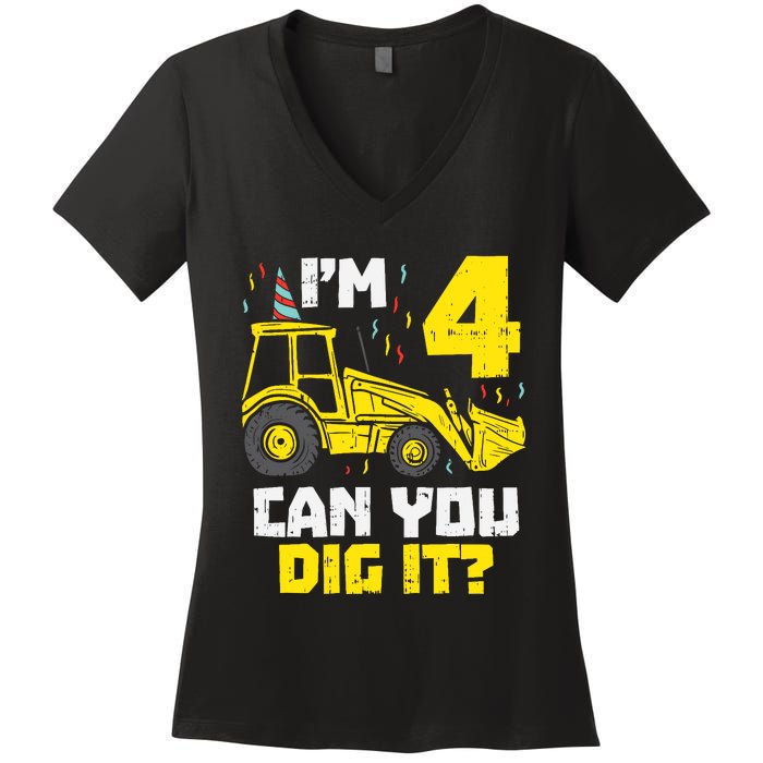 4 Can You Dig It Construction Truck 4th Birthday Boy Gift Women's V-Neck T-Shirt